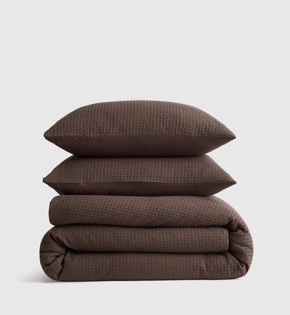 Quince Organic Luxe Honeycomb King/Cal King Duvet Cover Set Brown Espresso NWOT
